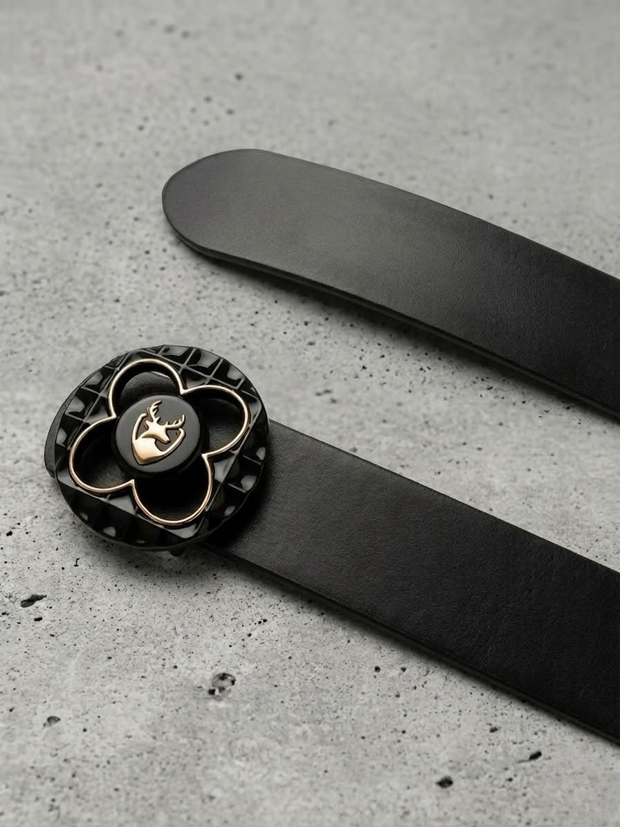 BRUT Premium Black Leather Belt | Floral Designer Buckle | Gold Deer Emblem