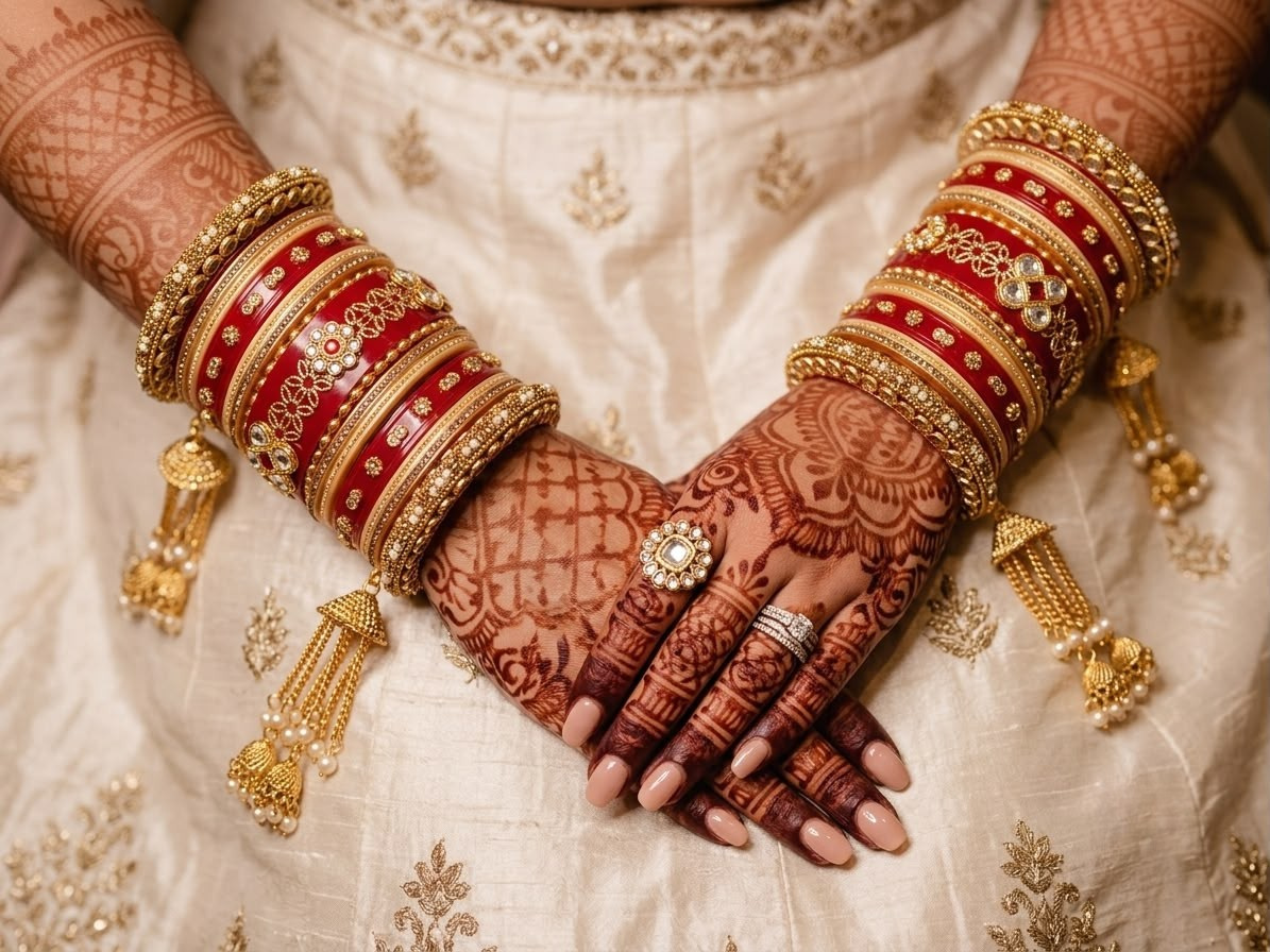 KUMKUM Royal Heritage Bridal Chuda Set with Pearl Latkans