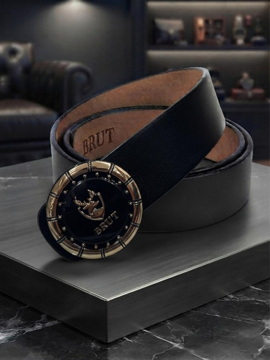 BRUT Men's 100% Genuine Leather Belt with Gold & Black Emblem Buckle