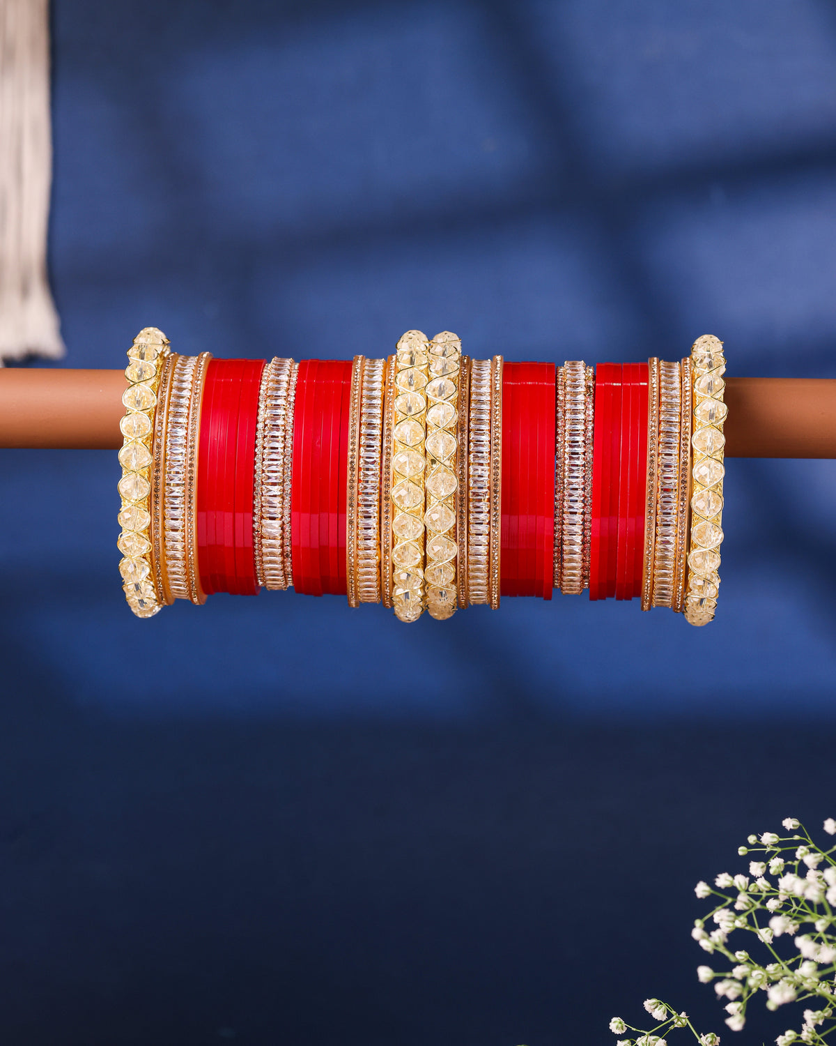 Minimal Red & Gold Baguette Stone Punjabi Chura - front view