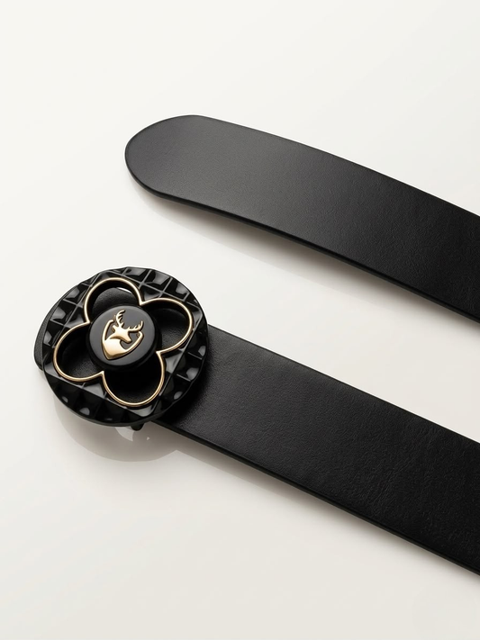 BRUT Premium Black Leather Belt | Floral Designer Buckle | Gold Deer Emblem