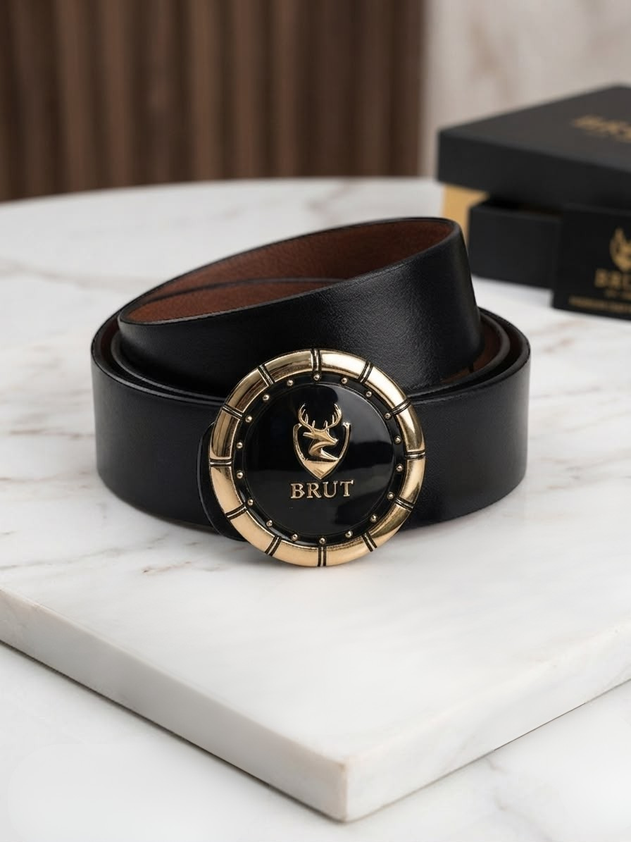 BRUT Men's 100% Genuine Leather Belt with Gold & Black Emblem Buckle
