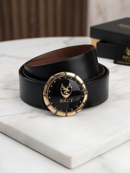 BRUT Men's 100% Genuine Leather Belt with Gold & Black Emblem Buckle