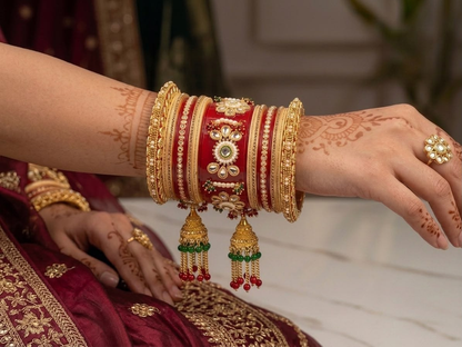 KUMKUM Regal Pearl Kundan Punjabi Bridal Chuda Set with Jhumki Latkan