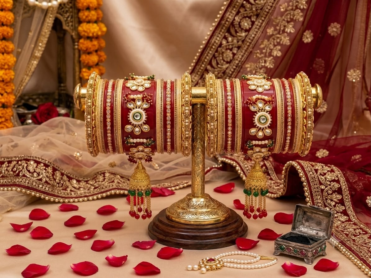 KUMKUM Regal Pearl Kundan Punjabi Bridal Chuda Set with Jhumki Latkan
