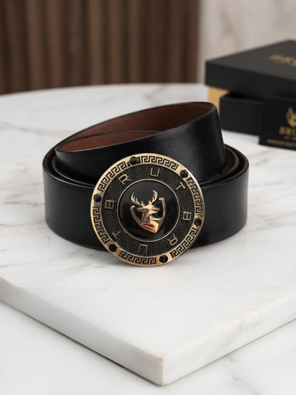 BRUT Luxury Gold Stag Emblem Leather Belt for Men