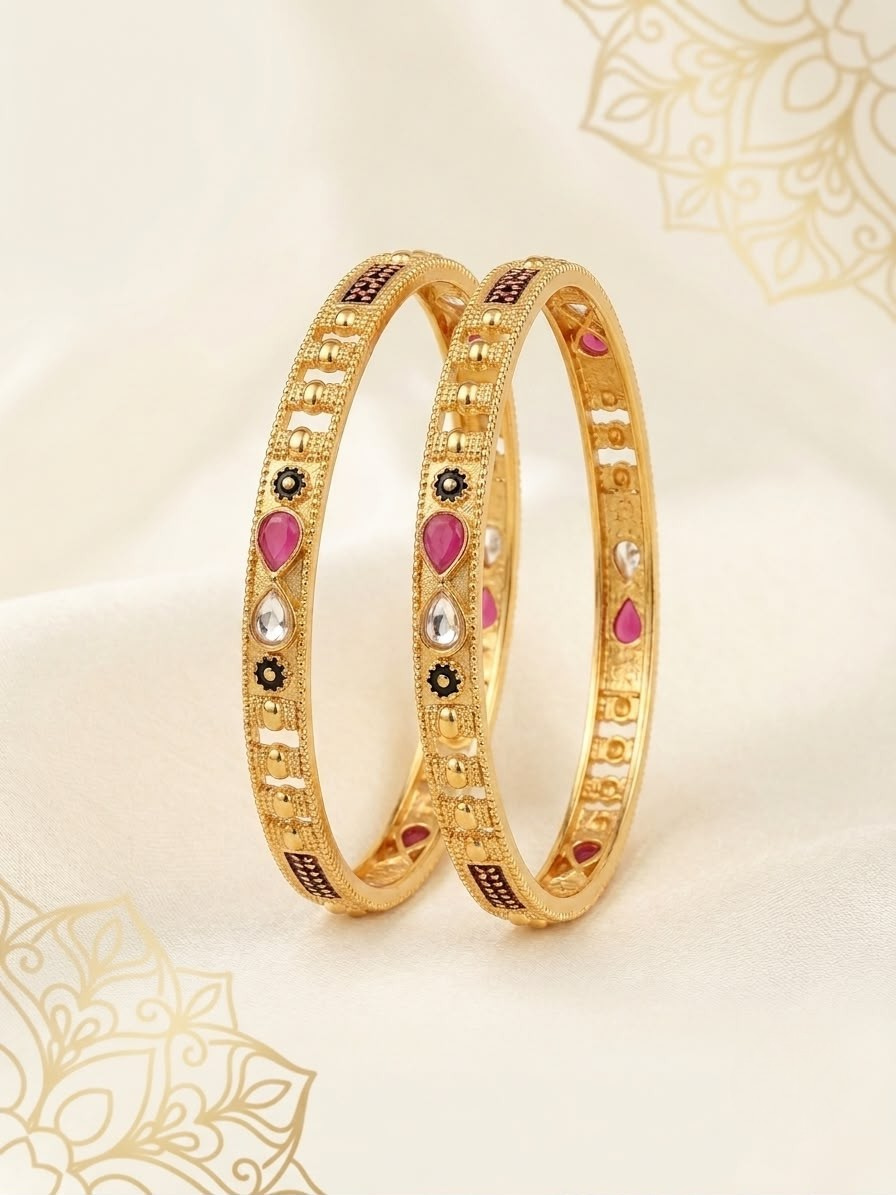 Gold-Plated Kundan & Meenakari Kada Bangles (Set of 2)