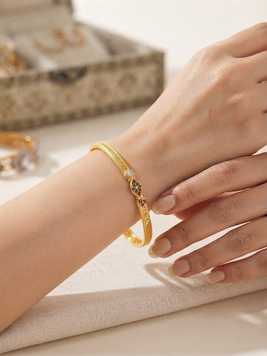 Gold-Plated Intricate Floral Stone Bangle Set (Set of 2)