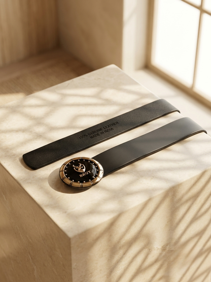 BRUT Men's 100% Genuine Leather Belt with Gold & Black Emblem Buckle