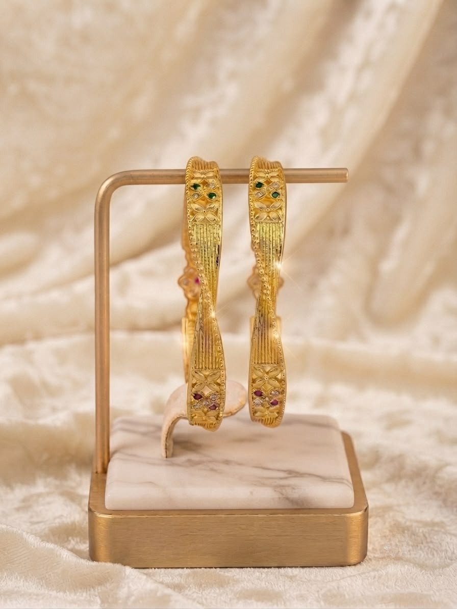 Exquisite Gold-Plated Twisted Wave Kada Bangles with Ruby, Emerald & Diamond Accents