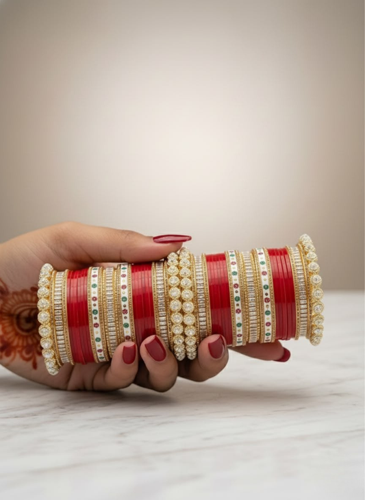 KUMKUM Classic Ruby Bridal Chuda Set with Crystal Stone Bangles