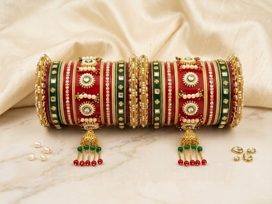 KUMKUM Emerald Royale Bridal Chuda Set with Pearl Jhumki Latkans