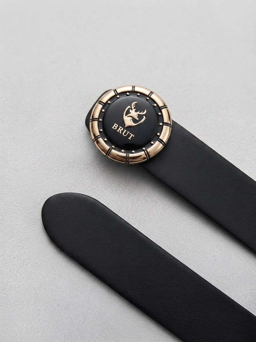 BRUT Men's 100% Genuine Leather Belt with Gold & Black Emblem Buckle