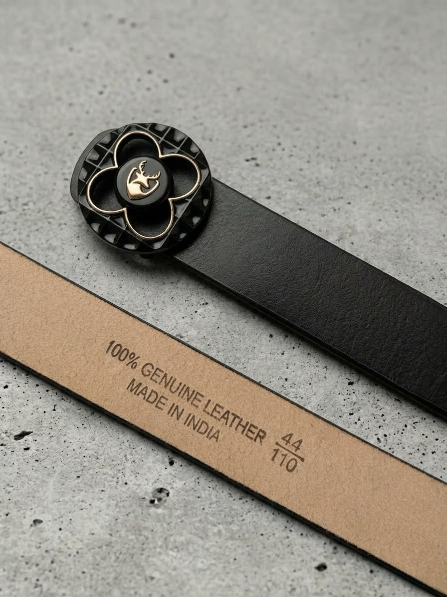 BRUT Premium Black Leather Belt | Floral Designer Buckle | Gold Deer Emblem