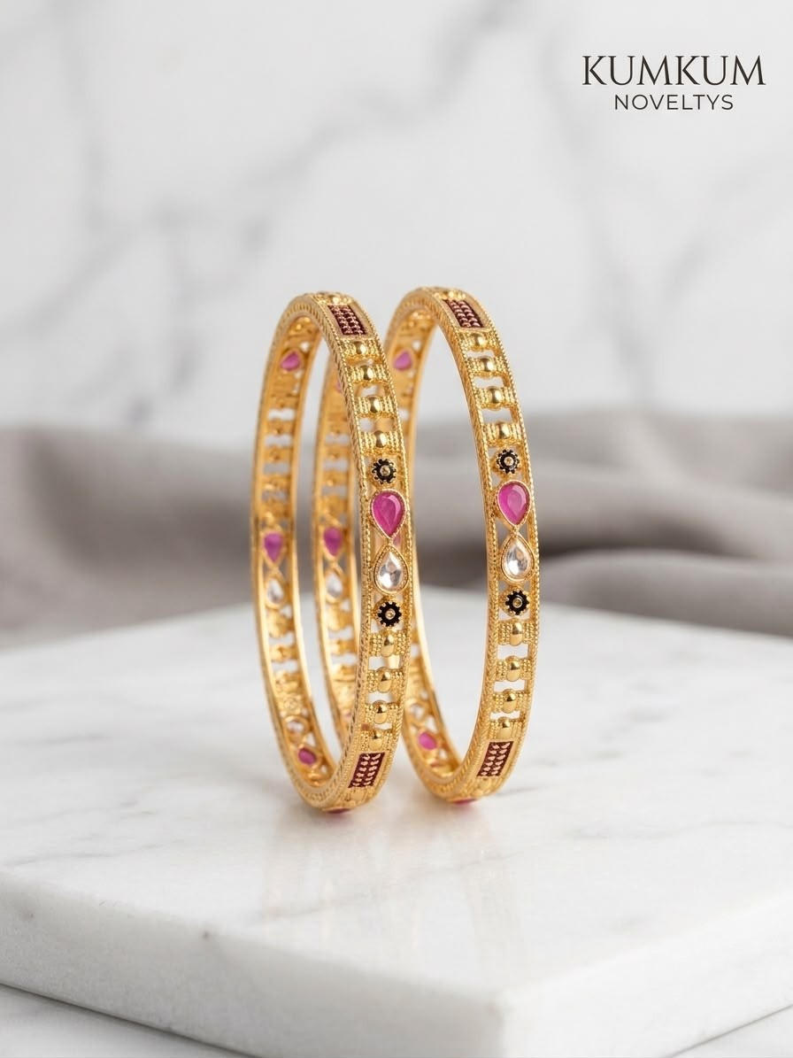 Gold-Plated Kundan & Meenakari Kada Bangles (Set of 2)