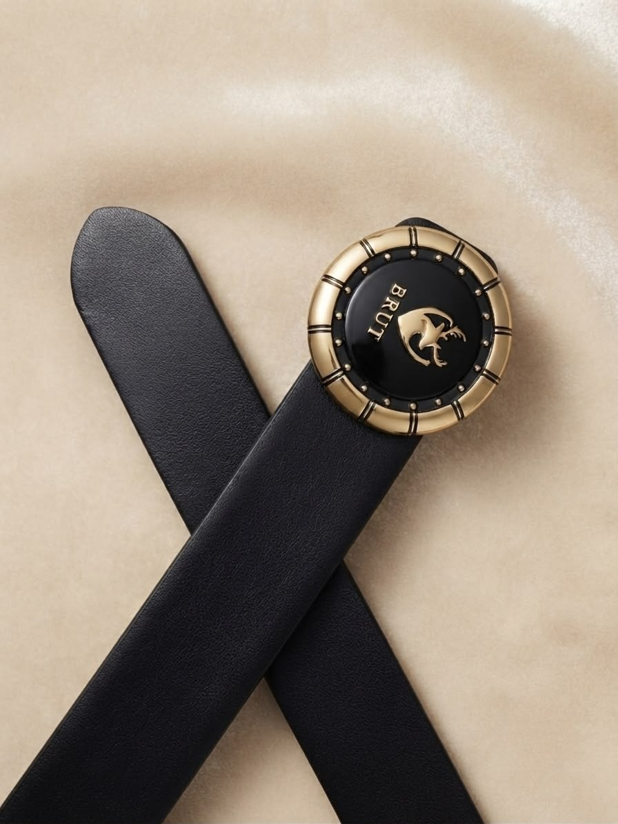 BRUT Men's 100% Genuine Leather Belt with Gold & Black Emblem Buckle