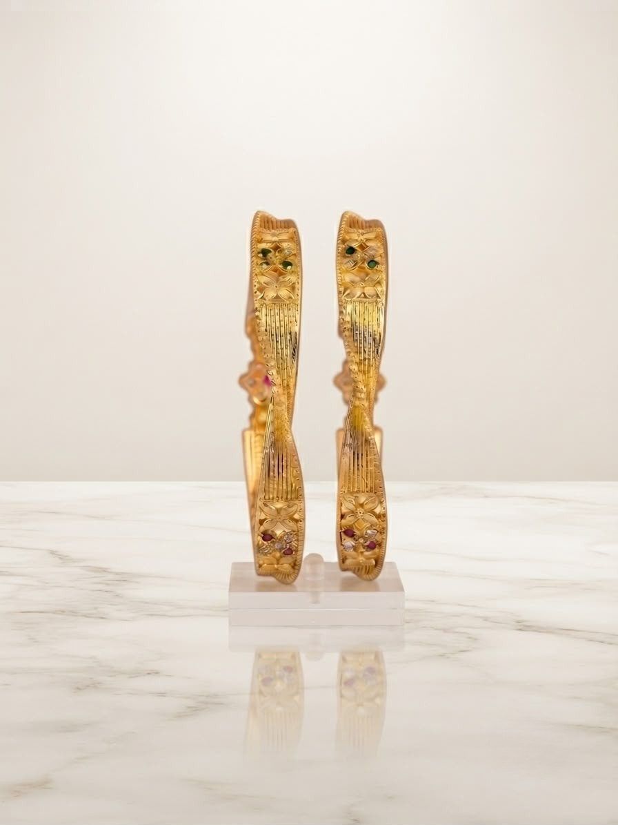 Exquisite Gold-Plated Twisted Wave Kada Bangles with Ruby, Emerald & Diamond Accents