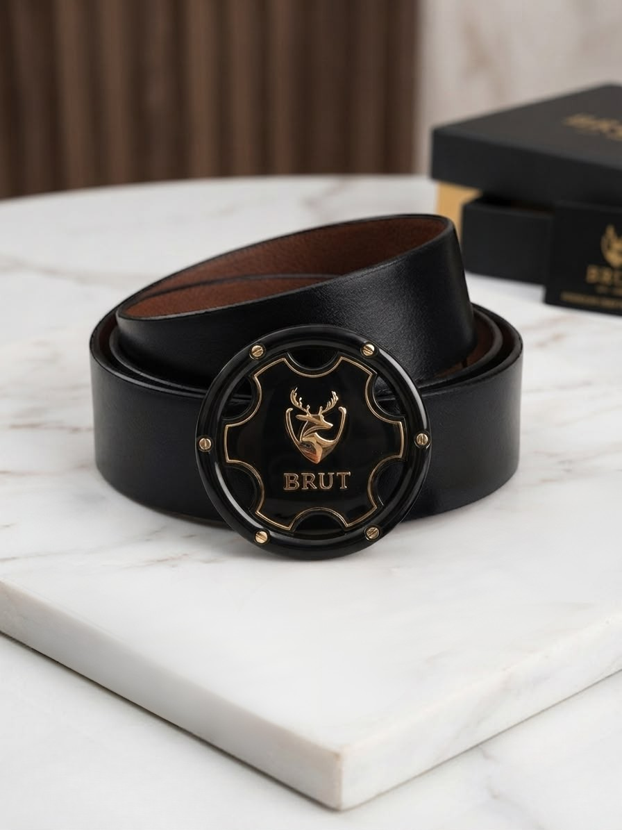 BRUT Premium Black Leather Belt | Executive Round Buckle | Gold Deer Emblem