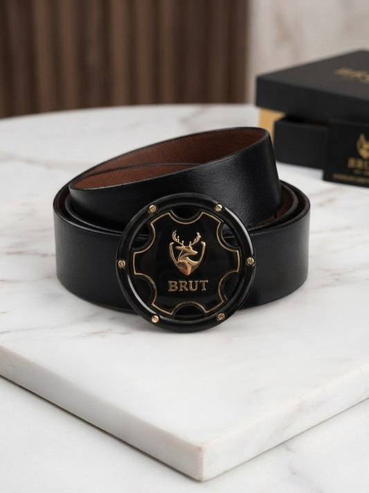 BRUT Premium Black Leather Belt | Executive Round Buckle | Gold Deer Emblem