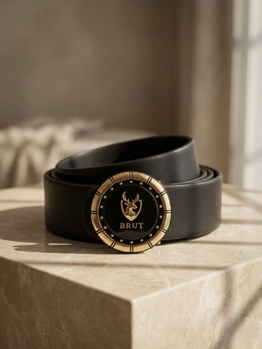 BRUT Men's 100% Genuine Leather Belt with Gold & Black Emblem Buckle