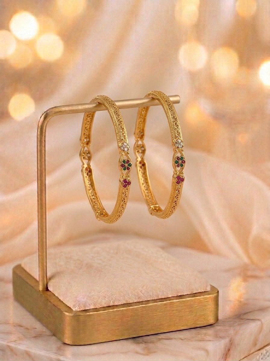 Gold-Plated Intricate Floral Stone Bangle Set (Set of 2)