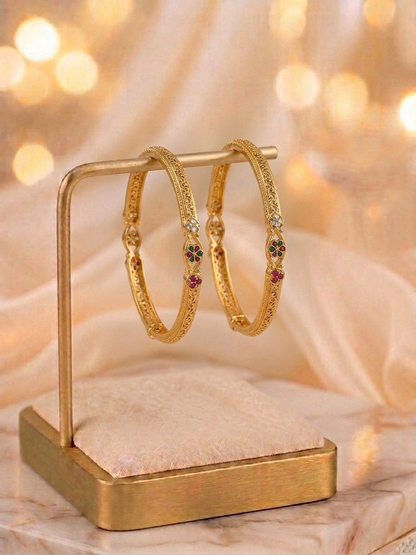 Gold-Plated Intricate Floral Stone Bangle Set (Set of 2)