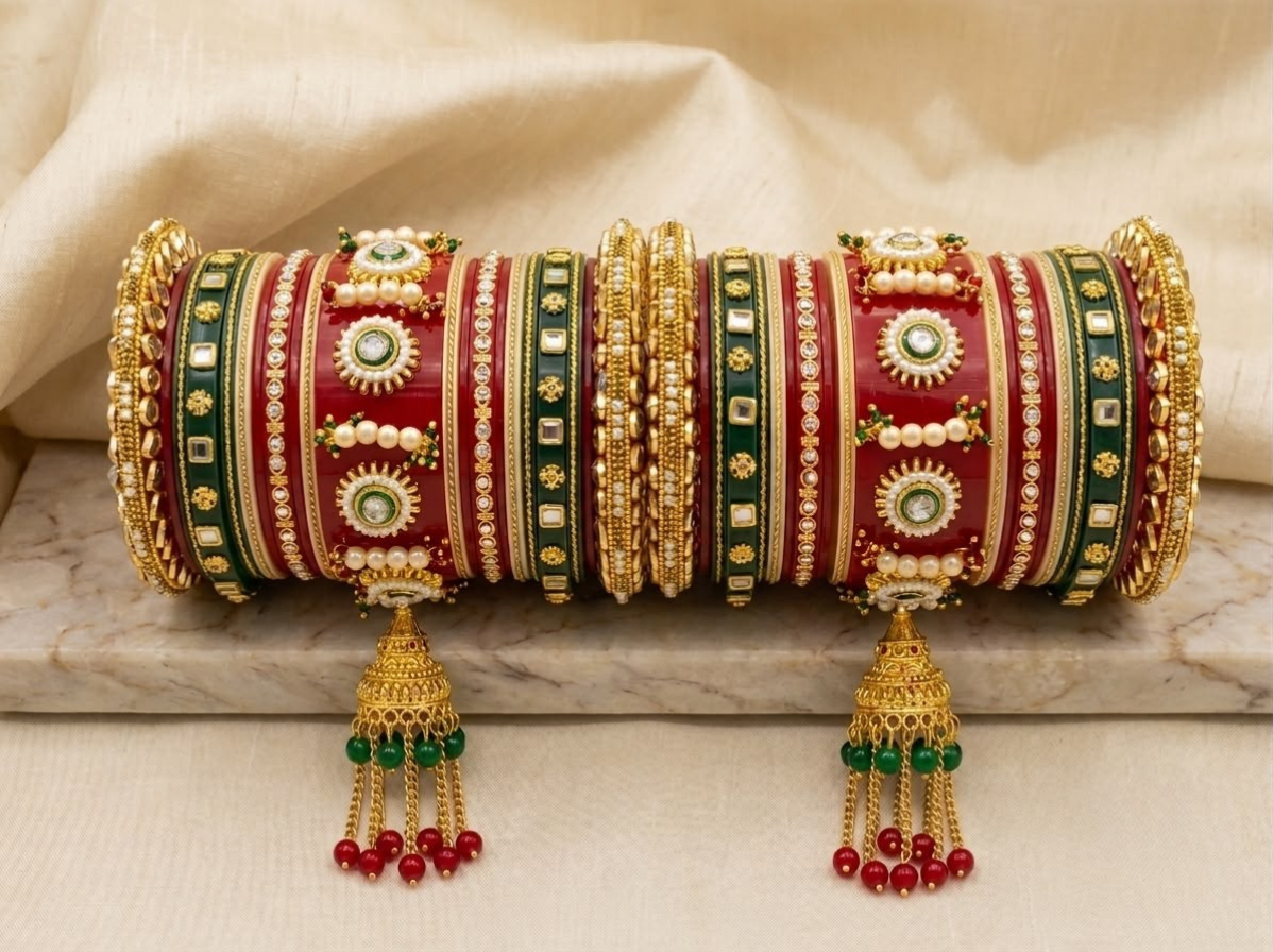 KUMKUM Emerald Royale Bridal Chuda Set with Pearl Jhumki Latkans