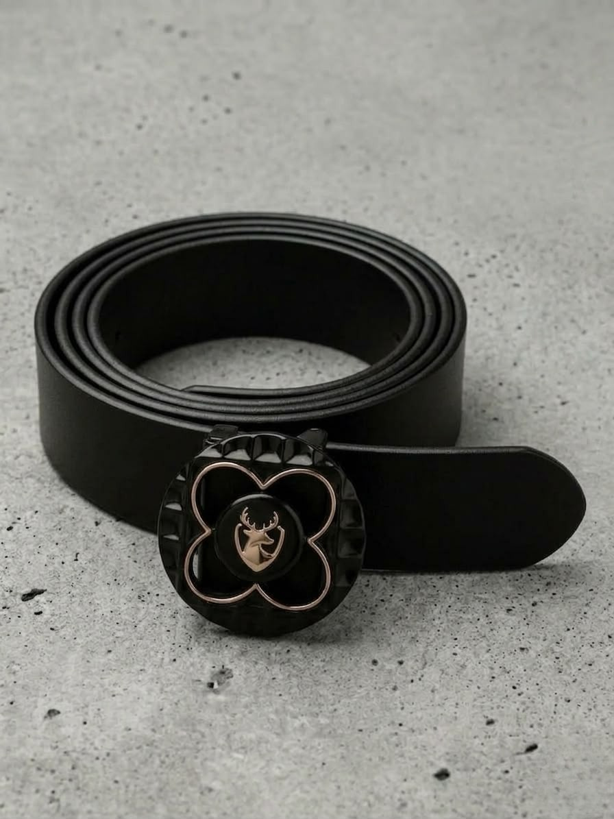 BRUT Premium Black Leather Belt | Floral Designer Buckle | Gold Deer Emblem