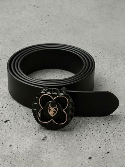BRUT Premium Black Leather Belt | Floral Designer Buckle | Gold Deer Emblem