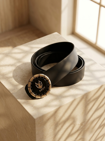 BRUT Men's 100% Genuine Leather Belt with Gold & Black Emblem Buckle