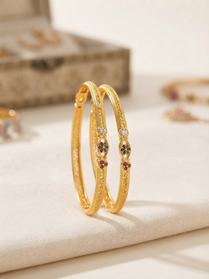 Gold-Plated Intricate Floral Stone Bangle Set (Set of 2)