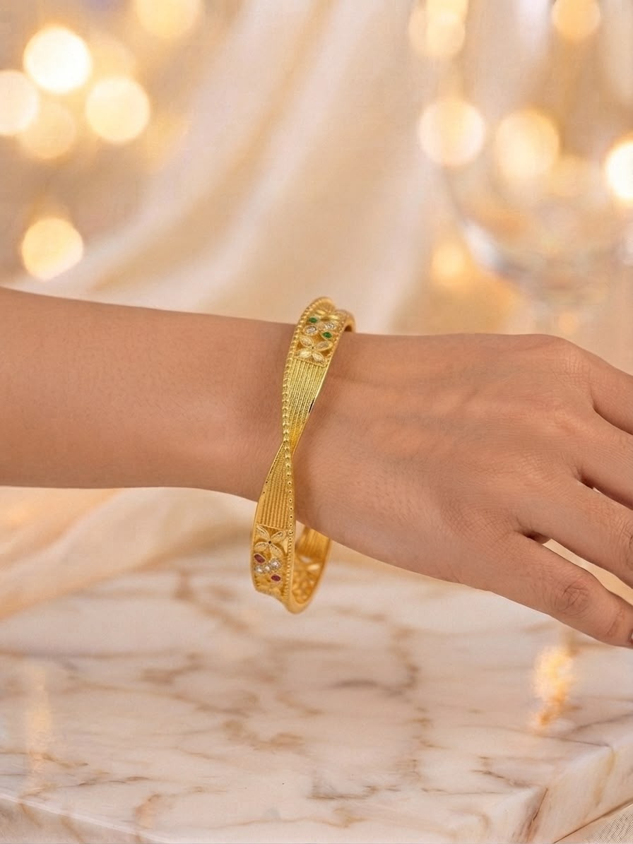 Exquisite Gold-Plated Twisted Wave Kada Bangles with Ruby, Emerald & Diamond Accents