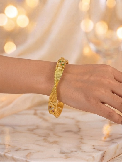 Exquisite Gold-Plated Twisted Wave Kada Bangles with Ruby, Emerald & Diamond Accents