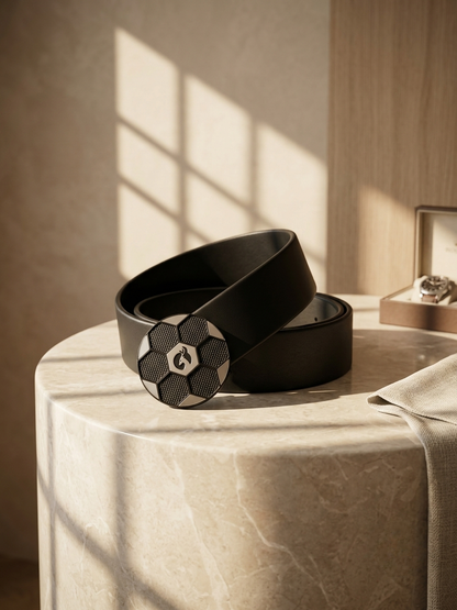 BRUT Premium Black Leather Belt | Hexa Designer Buckle | Gold Deer Emblem