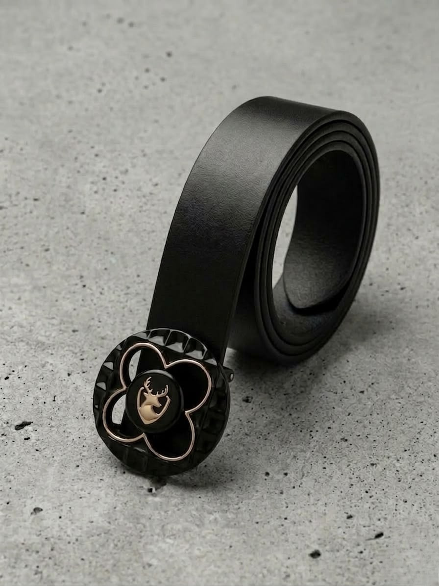 BRUT Premium Black Leather Belt | Floral Designer Buckle | Gold Deer Emblem
