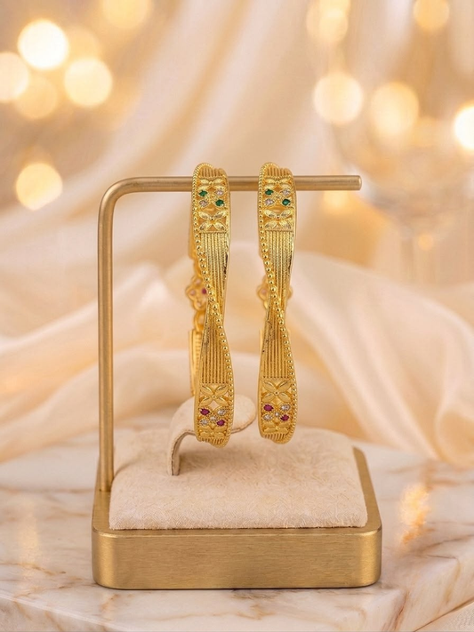 Exquisite Gold-Plated Twisted Wave Kada Bangles with Ruby, Emerald & Diamond Accents