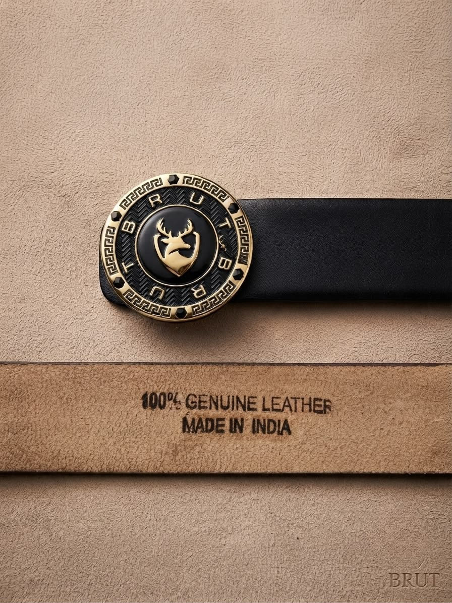 BRUT Luxury Gold Stag Emblem Leather Belt for Men