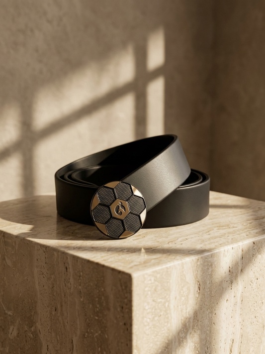 BRUT Premium Black Leather Belt | Hexa Designer Buckle | Gold Deer Emblem