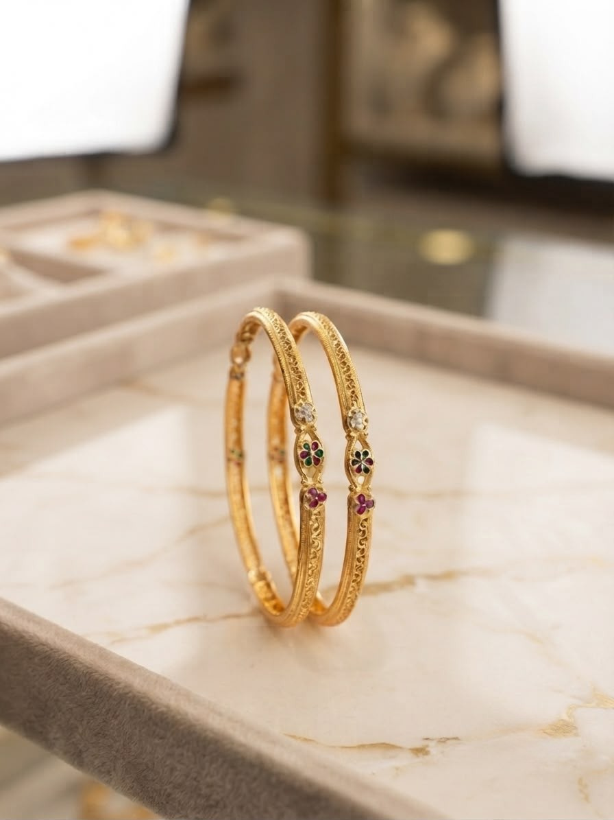 Gold-Plated Intricate Floral Stone Bangle Set (Set of 2)