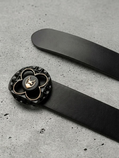 BRUT Premium Black Leather Belt | Floral Designer Buckle | Gold Deer Emblem