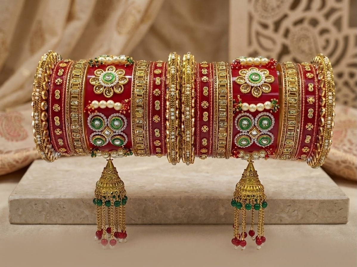 KUMKUM Royal Heirloom Punjabi Bridal Chuda Set with Pearl & Kundan Jhumki Latkan