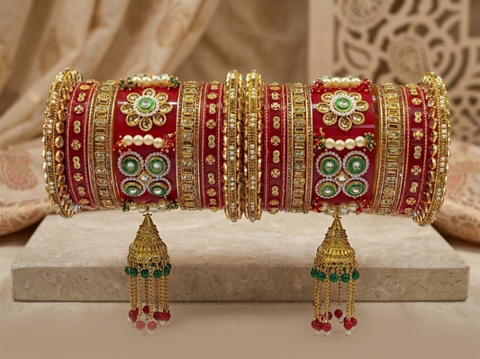 KUMKUM Royal Heirloom Punjabi Bridal Chuda Set with Pearl & Kundan Jhumki Latkan