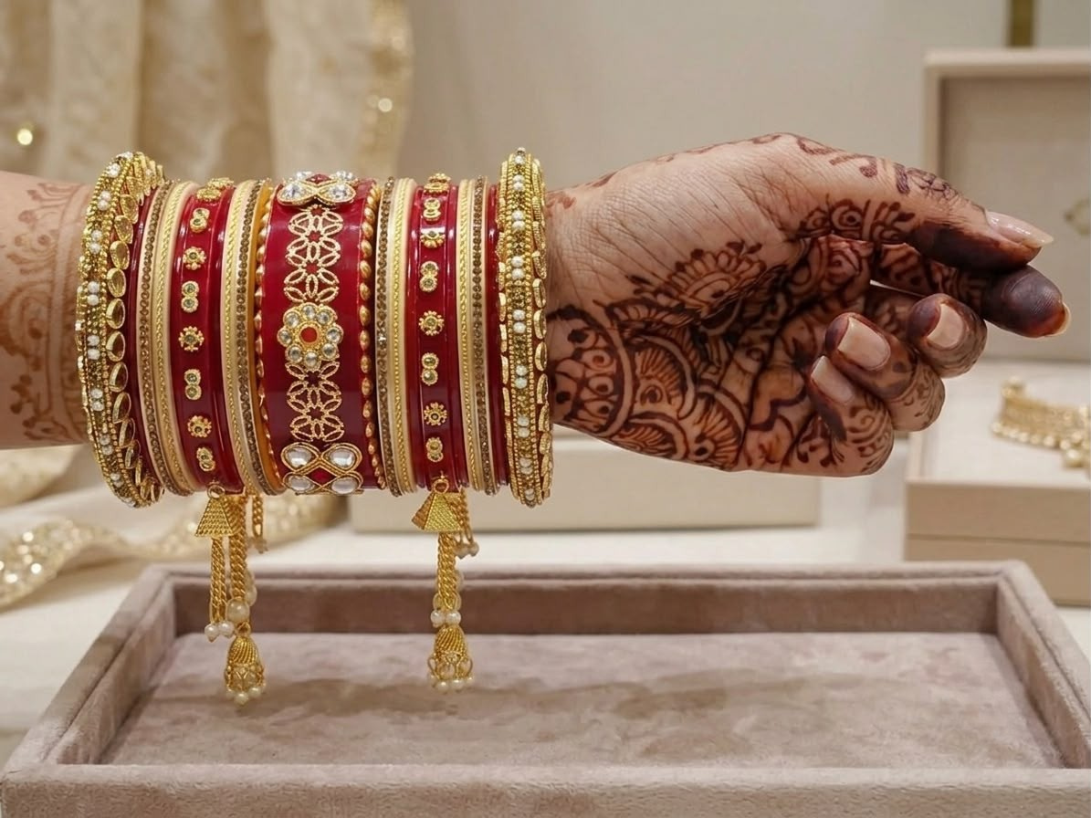KUMKUM Royal Heritage Bridal Chuda Set with Pearl Latkans