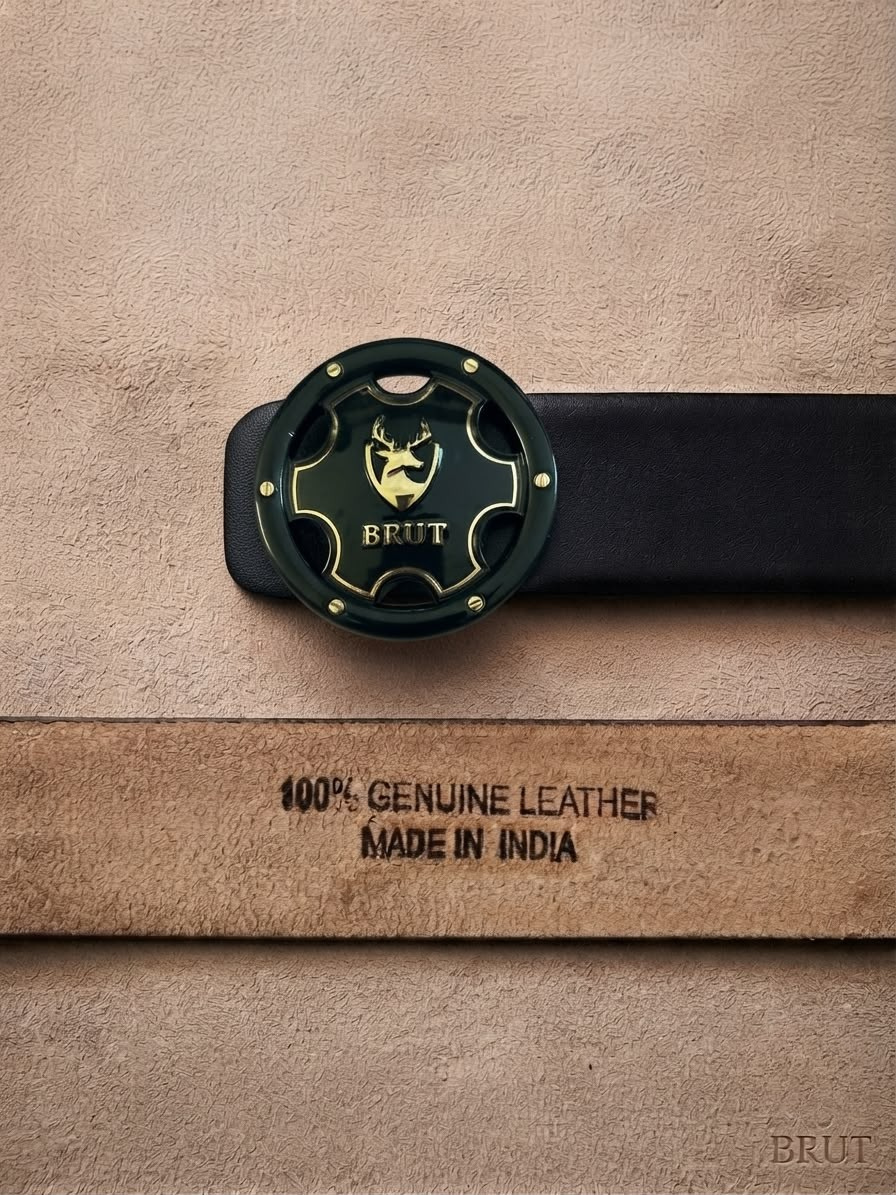 BRUT Premium Black Leather Belt | Executive Round Buckle | Gold Deer Emblem