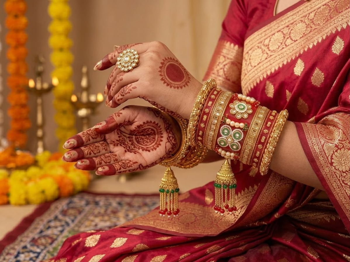 KUMKUM Royal Heirloom Punjabi Bridal Chuda Set with Pearl & Kundan Jhumki Latkan