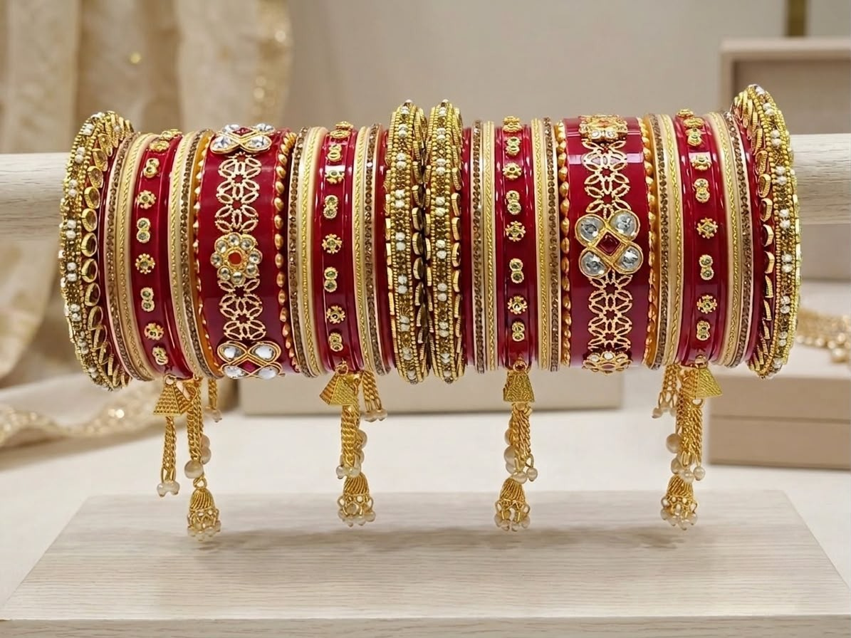KUMKUM Royal Heritage Bridal Chuda Set with Pearl Latkans