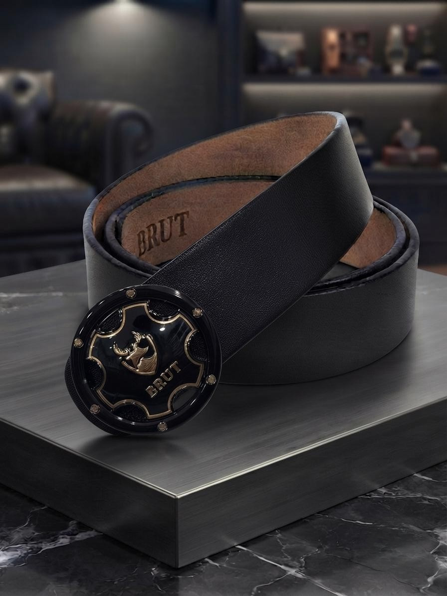 BRUT Premium Black Leather Belt | Executive Round Buckle | Gold Deer Emblem