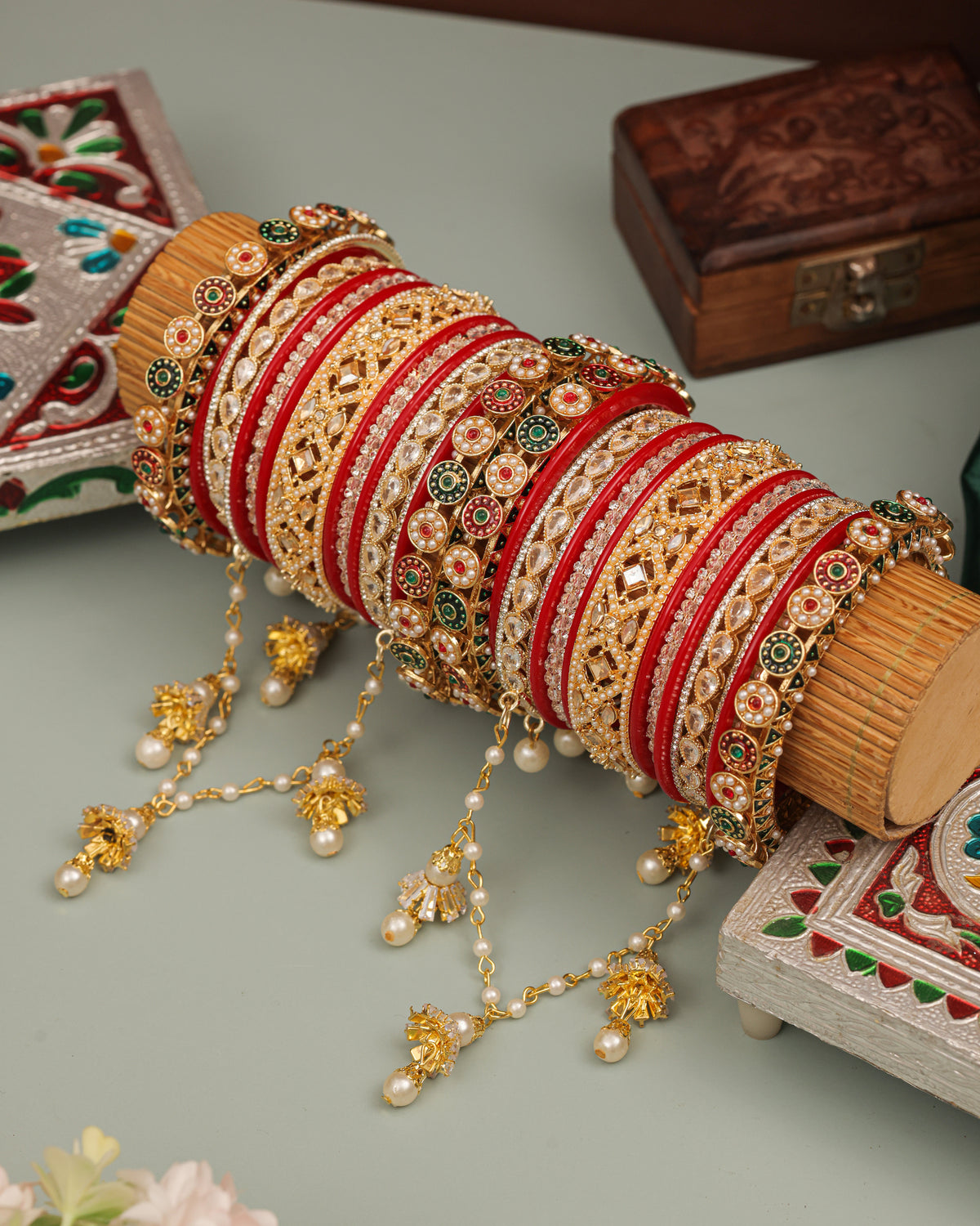 Royal Red & Gold Kundan Punjabi Bridal Chura Set - front view