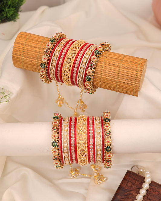 Royal Red & Gold Kundan Punjabi Bridal Chura Set - pair on bangle stand