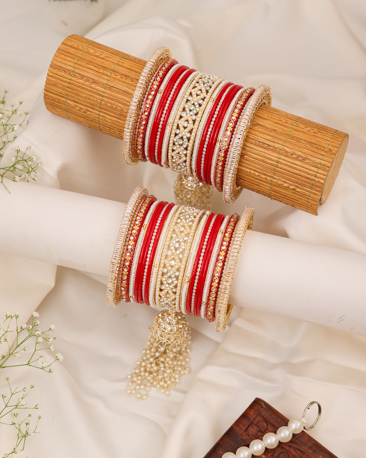 Red, White & Gold Kundan Punjabi Chura - pair on bangle stand